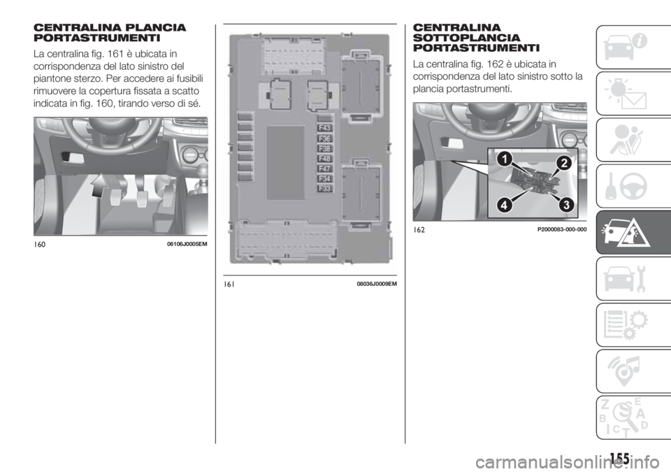 FIAT TIPO 5DOORS STATION WAGON 2018 Libretto Uso Manutenzione (in Italian) CENTRALINA PLANCIA
PORTASTRUMENTI
La centralina fig. 161 è ubicata in
corrispondenza del lato sinistro del
piantone sterzo. Per accedere ai fusibili
rimuovere la copertura fissata a scatto
indicata i FIAT TIPO 5DOORS STATION WAGON 2018 Libretto Uso Manutenzione (in Italian) CENTRALINA PLANCIA
PORTASTRUMENTI
La centralina fig. 161 è ubicata in
corrispondenza del lato sinistro del
piantone sterzo. Per accedere ai fusibili
rimuovere la copertura fissata a scatto
indicata i
