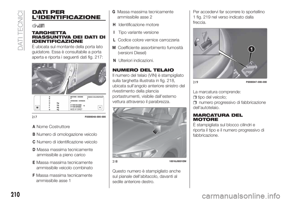 FIAT TIPO 5DOORS STATION WAGON 2018 Libretto Uso Manutenzione (in Italian) DATI PER
L'IDENTIFICAZIONE
TARGHETTA
RIASSUNTIVA DEI DATI DI
IDENTIFICAZIONE
È ubicata sul montante della porta lato
guidatore. Essa è consultabile a porta
aperta e riporta i seguenti dati fig. FIAT TIPO 5DOORS STATION WAGON 2018 Libretto Uso Manutenzione (in Italian) DATI PER
L'IDENTIFICAZIONE
TARGHETTA
RIASSUNTIVA DEI DATI DI
IDENTIFICAZIONE
È ubicata sul montante della porta lato
guidatore. Essa è consultabile a porta
aperta e riporta i seguenti dati fig.