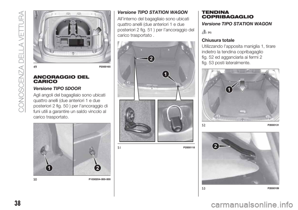 FIAT TIPO 5DOORS STATION WAGON 2018  Libretto Uso Manutenzione (in Italian) ANCORAGGIO DEL
CARICO
Versione TIPO 5DOOR
Agli angoli del bagagliaio sono ubicati
quattro anelli (due anteriori1edue
posteriori 2 fig. 50 ) per l'ancoraggio di
funi utili a garantire un saldo vinc