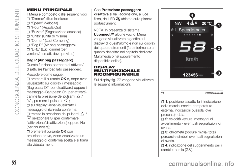 FIAT TIPO 5DOORS STATION WAGON 2018 Libretto Uso Manutenzione (in Italian) MENU PRINCIPALE
Il Menu è composto dalle seguenti voci:
“Dimmer” (Illuminazione)
“Speed” (Velocità)
“Hour” (Regola Ora)
“Buzzer” (Segnalazione acustica)
“Units” (Unità di misura FIAT TIPO 5DOORS STATION WAGON 2018 Libretto Uso Manutenzione (in Italian) MENU PRINCIPALE
Il Menu è composto dalle seguenti voci:
“Dimmer” (Illuminazione)
“Speed” (Velocità)
“Hour” (Regola Ora)
“Buzzer” (Segnalazione acustica)
“Units” (Unità di misura