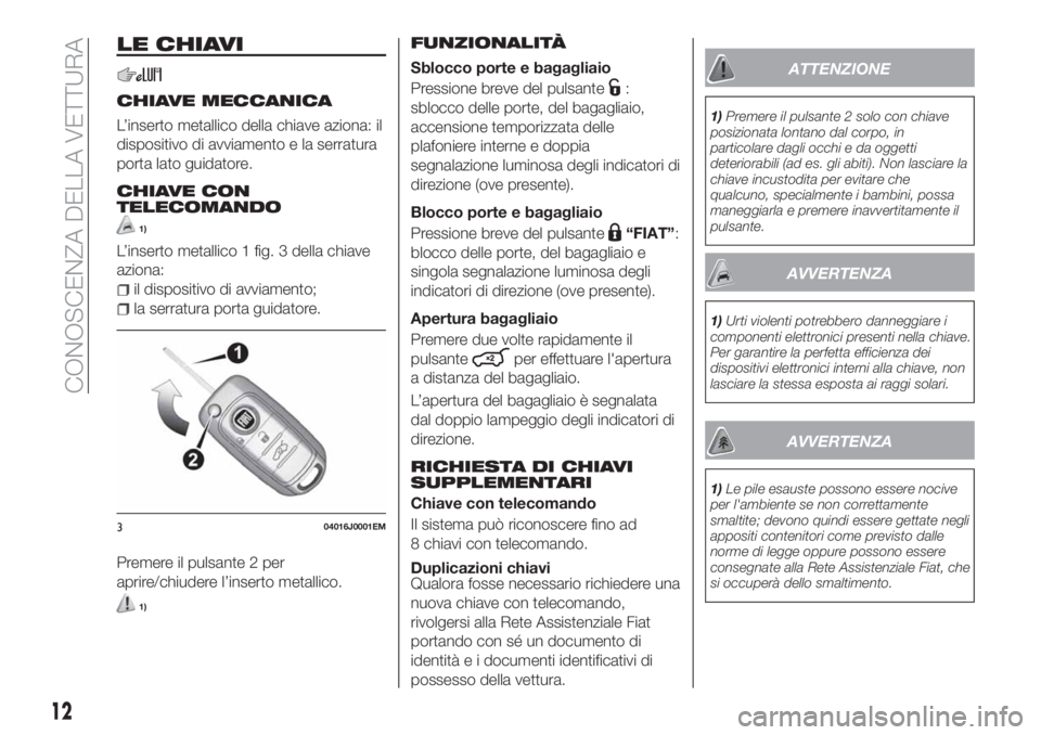 FIAT TIPO 5DOORS STATION WAGON 2019 Libretto Uso Manutenzione (in Italian) LE CHIAVI
CHIAVE MECCANICA
L’inserto metallico della chiave aziona: il
dispositivo di avviamento e la serratura
porta lato guidatore.
CHIAVE CON
TELECOMANDO
1)
L’inserto metallico 1 fig. 3 della c FIAT TIPO 5DOORS STATION WAGON 2019 Libretto Uso Manutenzione (in Italian) LE CHIAVI
CHIAVE MECCANICA
L’inserto metallico della chiave aziona: il
dispositivo di avviamento e la serratura
porta lato guidatore.
CHIAVE CON
TELECOMANDO
1)
L’inserto metallico 1 fig. 3 della c