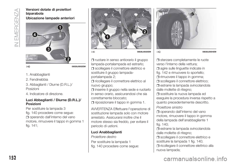FIAT TIPO 5DOORS STATION WAGON 2020 Libretto Uso Manutenzione (in Italian) Versioni dotate di proiettori
biparabola
Ubicazione lampade anteriori
1. Anabbaglianti
2. Fendinebbia
3. Abbaglianti / Diurne (D.R.L.)/
Posizioni
4. Indicatore di direzione.
Luci Abbaglianti / Diurne FIAT TIPO 5DOORS STATION WAGON 2020 Libretto Uso Manutenzione (in Italian) Versioni dotate di proiettori
biparabola
Ubicazione lampade anteriori
1. Anabbaglianti
2. Fendinebbia
3. Abbaglianti / Diurne (D.R.L.)/
Posizioni
4. Indicatore di direzione.
Luci Abbaglianti / Diurne