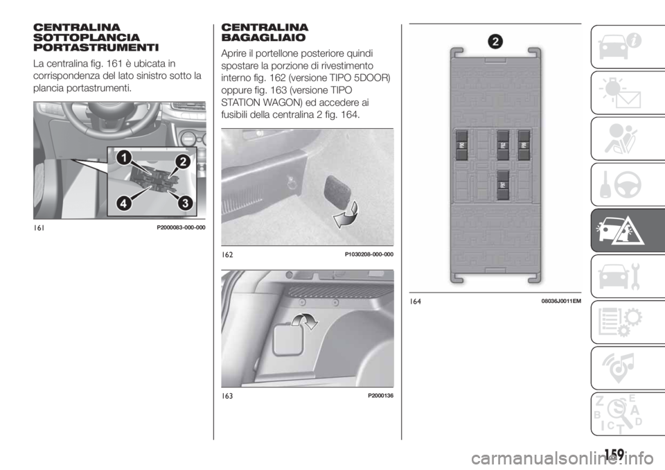 FIAT TIPO 5DOORS STATION WAGON 2020  Libretto Uso Manutenzione (in Italian) CENTRALINA
SOTTOPLANCIA
PORTASTRUMENTI
La centralina fig. 161 è ubicata in
corrispondenza del lato sinistro sotto la
plancia portastrumenti.
CENTRALINA
BAGAGLIAIO
Aprire il portellone posteriore quin