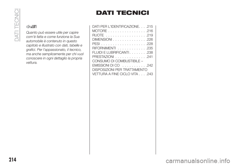 FIAT TIPO 5DOORS STATION WAGON 2020 Libretto Uso Manutenzione (in Italian) DATI TECNICI
Quanto può essere utile per capire
com'è fatta e come funziona la Sua
automobile è contenuto in questo
capitolo e illustrato con dati, tabelle e
grafici. Per l'appassionato, il FIAT TIPO 5DOORS STATION WAGON 2020 Libretto Uso Manutenzione (in Italian) DATI TECNICI
Quanto può essere utile per capire
com'è fatta e come funziona la Sua
automobile è contenuto in questo
capitolo e illustrato con dati, tabelle e
grafici. Per l'appassionato, il