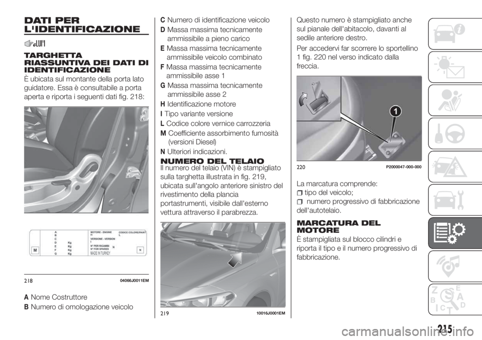 FIAT TIPO 5DOORS STATION WAGON 2020 Libretto Uso Manutenzione (in Italian) DATI PER
L'IDENTIFICAZIONE
TARGHETTA
RIASSUNTIVA DEI DATI DI
IDENTIFICAZIONE
È ubicata sul montante della porta lato
guidatore. Essa è consultabile a porta
aperta e riporta i seguenti dati fig. FIAT TIPO 5DOORS STATION WAGON 2020 Libretto Uso Manutenzione (in Italian) DATI PER
L'IDENTIFICAZIONE
TARGHETTA
RIASSUNTIVA DEI DATI DI
IDENTIFICAZIONE
È ubicata sul montante della porta lato
guidatore. Essa è consultabile a porta
aperta e riporta i seguenti dati fig.