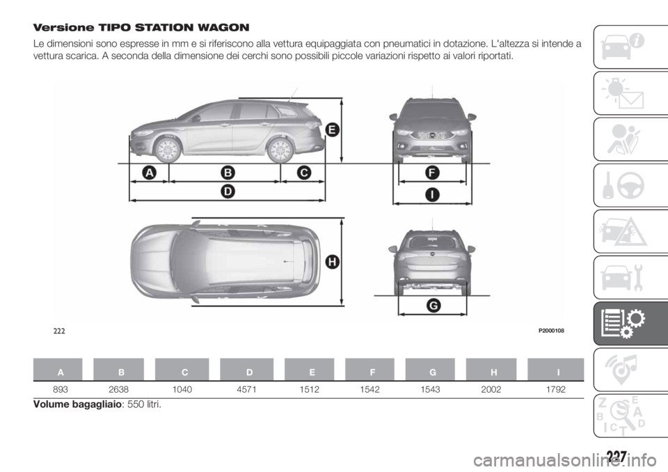 FIAT TIPO 5DOORS STATION WAGON 2020  Libretto Uso Manutenzione (in Italian) Versione TIPO STATION WAGON
Le dimensioni sono espresse in mm e si riferiscono alla vettura equipaggiata con pneumatici in dotazione. L'altezza si intende a
vettura scarica. A seconda della dimens
