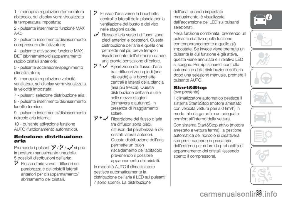 FIAT TIPO 5DOORS STATION WAGON 2020 Libretto Uso Manutenzione (in Italian) 1 - manopola regolazione temperatura
abitacolo, sul display verrà visualizzata
la temperatura impostata;
2 - pulsante inserimento funzione MAX
A/C;
3 - pulsante inserimento/disinserimento
compressore FIAT TIPO 5DOORS STATION WAGON 2020 Libretto Uso Manutenzione (in Italian) 1 - manopola regolazione temperatura
abitacolo, sul display verrà visualizzata
la temperatura impostata;
2 - pulsante inserimento funzione MAX
A/C;
3 - pulsante inserimento/disinserimento
compressore