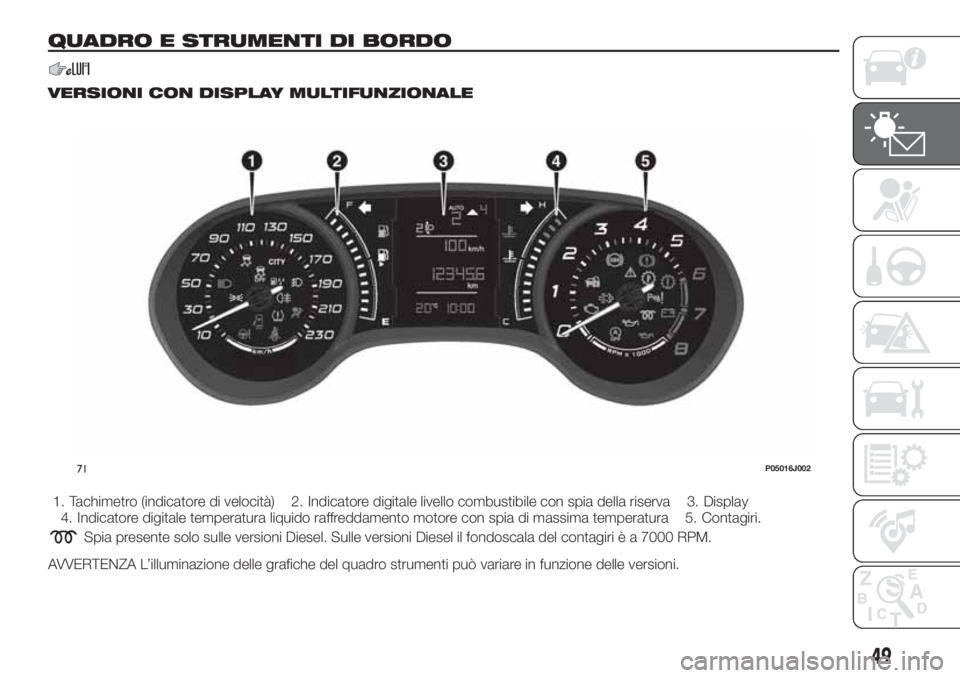 FIAT TIPO 5DOORS STATION WAGON 2019  Libretto Uso Manutenzione (in Italian) QUADRO E STRUMENTI DI BORDO
VERSIONI CON DISPLAY MULTIFUNZIONALE
1. Tachimetro (indicatore di velocità) 2. Indicatore digitale livello combustibile con spia della riserva 3. Display
4. Indicatore dig