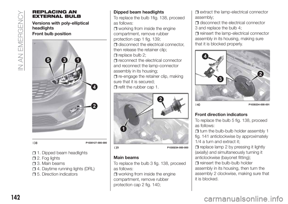 FIAT TIPO 5DOORS STATION WAGON 2018  Owner handbook (in English) REPLACING AN
EXTERNAL BULB
Versions with poly-elliptical
headlights
Front bulb position
1. Dipped beam headlights
2. Fog lights
3. Main beams
4. Daytime running lights (DRL)
5. Direction indicatorsDip FIAT TIPO 5DOORS STATION WAGON 2018  Owner handbook (in English) REPLACING AN
EXTERNAL BULB
Versions with poly-elliptical
headlights
Front bulb position
1. Dipped beam headlights
2. Fog lights
3. Main beams
4. Daytime running lights (DRL)
5. Direction indicatorsDip