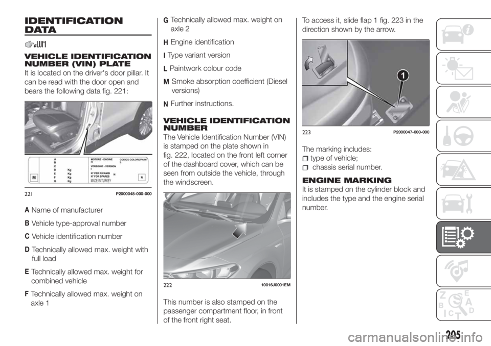 FIAT TIPO 5DOORS STATION WAGON 2018 Owner handbook (in English) IDENTIFICATION
DATA
VEHICLE IDENTIFICATION
NUMBER (VIN) PLATE
It is located on the driver's door pillar. It
can be read with the door open and
bears the following data fig. 221:
VEHICLE IDENTIFICA FIAT TIPO 5DOORS STATION WAGON 2018 Owner handbook (in English) IDENTIFICATION
DATA
VEHICLE IDENTIFICATION
NUMBER (VIN) PLATE
It is located on the driver's door pillar. It
can be read with the door open and
bears the following data fig. 221:
VEHICLE IDENTIFICA