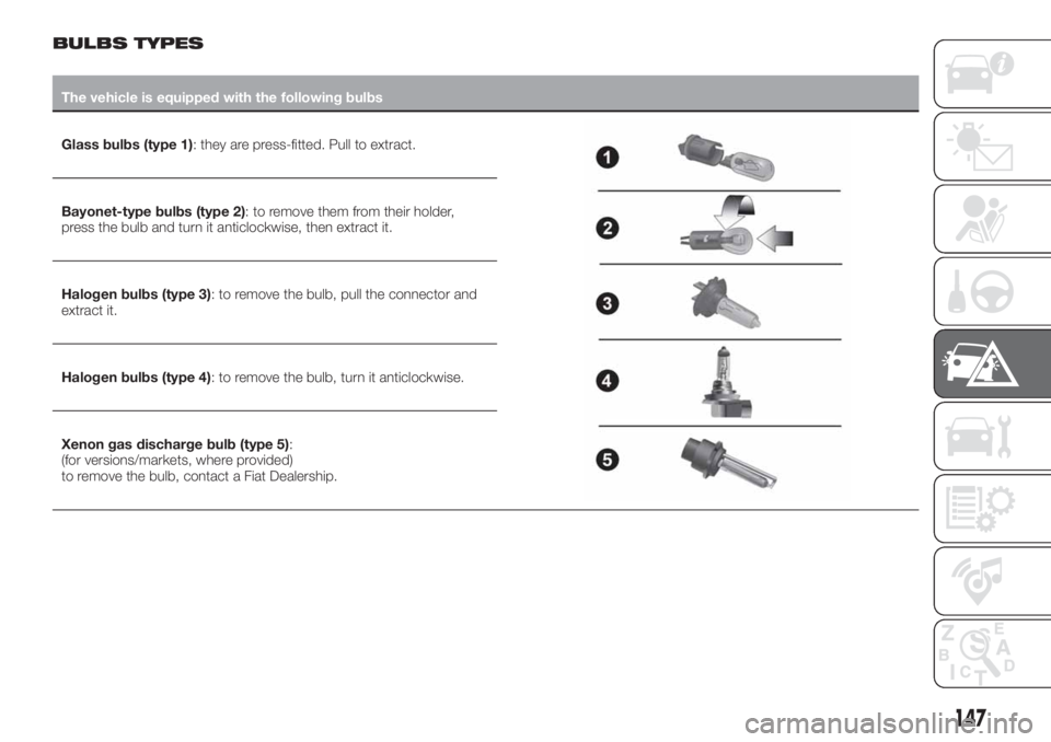 FIAT TIPO 5DOORS STATION WAGON 2019 Owner handbook (in English) BULBS TYPES
The vehicle is equipped with the following bulbs
Glass bulbs (type 1): they are press-fitted. Pull to extract.
Bayonet-type bulbs (type 2): to remove them from their holder,
press the bulb FIAT TIPO 5DOORS STATION WAGON 2019 Owner handbook (in English) BULBS TYPES
The vehicle is equipped with the following bulbs
Glass bulbs (type 1): they are press-fitted. Pull to extract.
Bayonet-type bulbs (type 2): to remove them from their holder,
press the bulb
