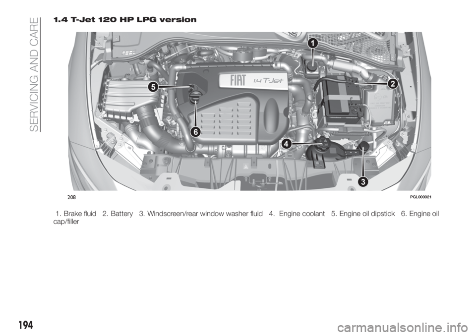 FIAT TIPO 5DOORS STATION WAGON 2019  Owner handbook (in English) 1.4 T-Jet 120 HP LPG version
1. Brake fluid 2. Battery 3. Windscreen/rear window washer fluid 4. Engine coolant 5. Engine oil dipstick 6. Engine oil
cap/filler
208PGL000021
194
SERVICING AND CARE 