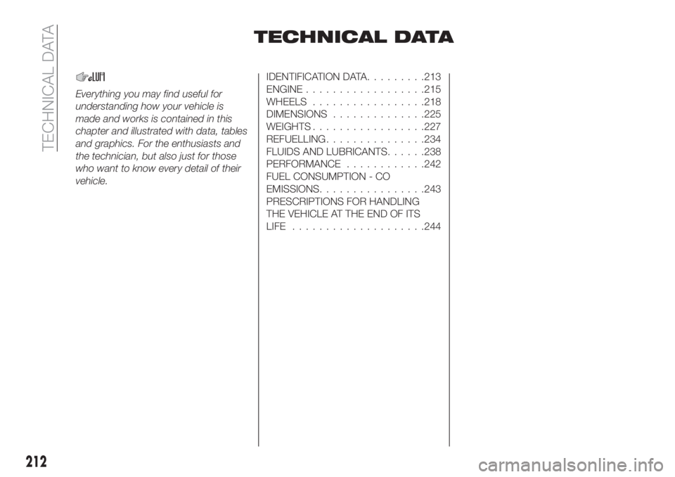 FIAT TIPO 5DOORS STATION WAGON 2020  Owner handbook (in English) TECHNICAL DATA
Everything you may find useful for
understanding how your vehicle is
made and works is contained in this
chapter and illustrated with data, tables
and graphics. For the enthusiasts and

