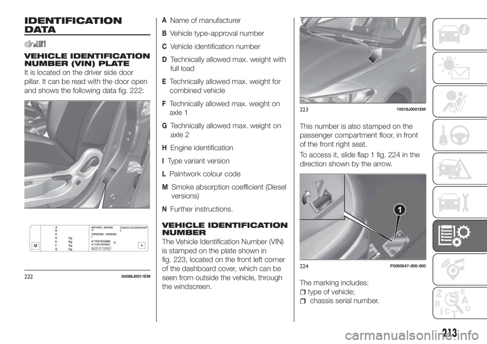 FIAT TIPO 5DOORS STATION WAGON 2020  Owner handbook (in English) IDENTIFICATION
DATA
VEHICLE IDENTIFICATION
NUMBER (VIN) PLATE
It is located on the driver side door
pillar. It can be read with the door open
and shows the following data fig. 222:
AName of manufactur