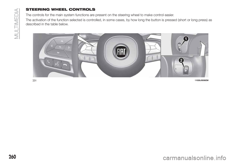 FIAT TIPO 5DOORS STATION WAGON 2019 Owner handbook (in English) STEERING WHEEL CONTROLS
The controls for the main system functions are present on the steering wheel to make control easier.
The activation of the function selected is controlled, in some cases, by ho FIAT TIPO 5DOORS STATION WAGON 2019 Owner handbook (in English) STEERING WHEEL CONTROLS
The controls for the main system functions are present on the steering wheel to make control easier.
The activation of the function selected is controlled, in some cases, by ho