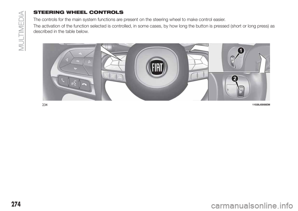FIAT TIPO 5DOORS STATION WAGON 2019 Owner handbook (in English) STEERING WHEEL CONTROLS
The controls for the main system functions are present on the steering wheel to make control easier.
The activation of the function selected is controlled, in some cases, by ho FIAT TIPO 5DOORS STATION WAGON 2019 Owner handbook (in English) STEERING WHEEL CONTROLS
The controls for the main system functions are present on the steering wheel to make control easier.
The activation of the function selected is controlled, in some cases, by ho