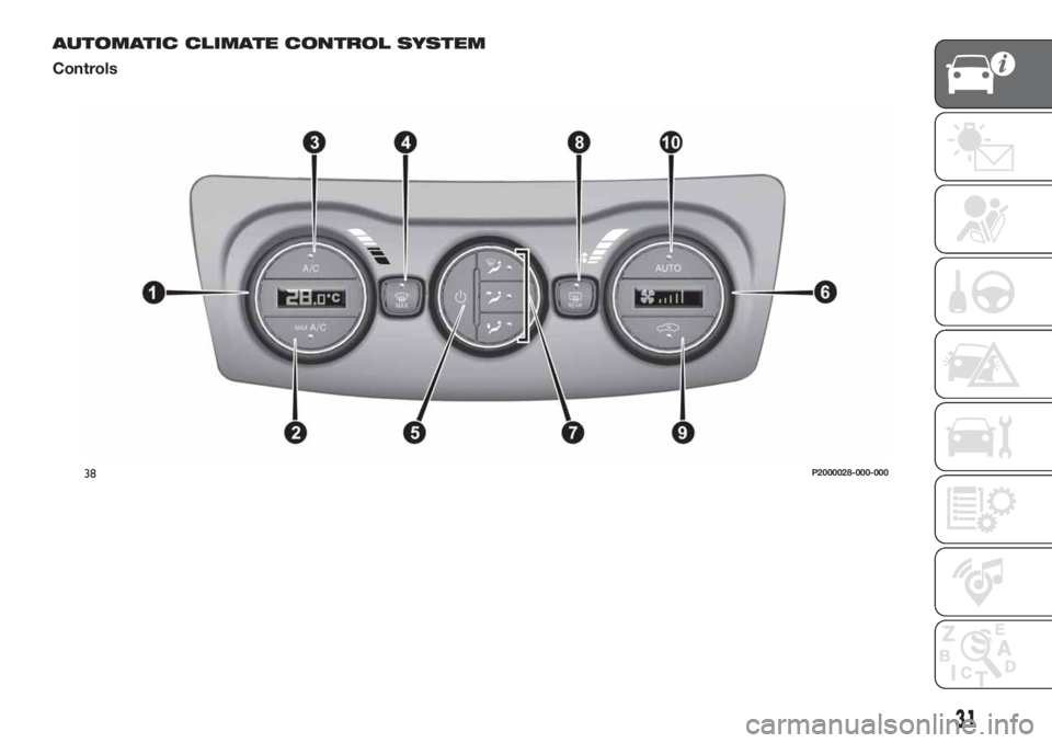 FIAT TIPO 5DOORS STATION WAGON 2020 Owner handbook (in English) AUTOMATIC CLIMATE CONTROL SYSTEM
Controls
38P2000028-000-000
31 FIAT TIPO 5DOORS STATION WAGON 2020 Owner handbook (in English) AUTOMATIC CLIMATE CONTROL SYSTEM
Controls
38P2000028-000-000
31
