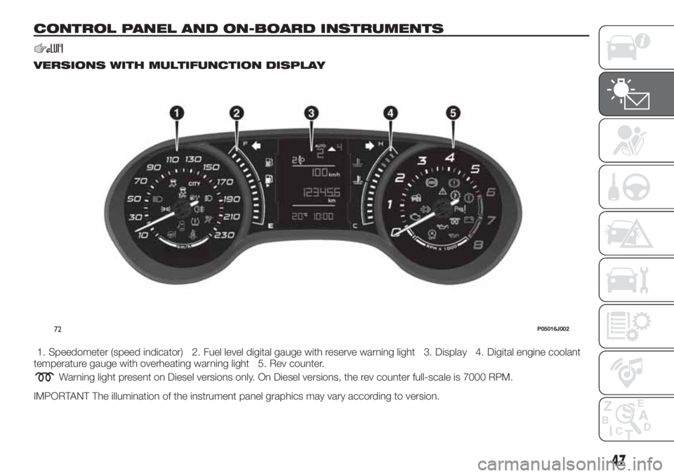 FIAT TIPO 5DOORS STATION WAGON 2020 Owner handbook (in English) CONTROL PANEL AND ON-BOARD INSTRUMENTS
VERSIONS WITH MULTIFUNCTION DISPLAY
1. Speedometer (speed indicator) 2. Fuel level digital gauge with reserve warning light 3. Display 4. Digital engine coolant
FIAT TIPO 5DOORS STATION WAGON 2020 Owner handbook (in English) CONTROL PANEL AND ON-BOARD INSTRUMENTS
VERSIONS WITH MULTIFUNCTION DISPLAY
1. Speedometer (speed indicator) 2. Fuel level digital gauge with reserve warning light 3. Display 4. Digital engine coolant