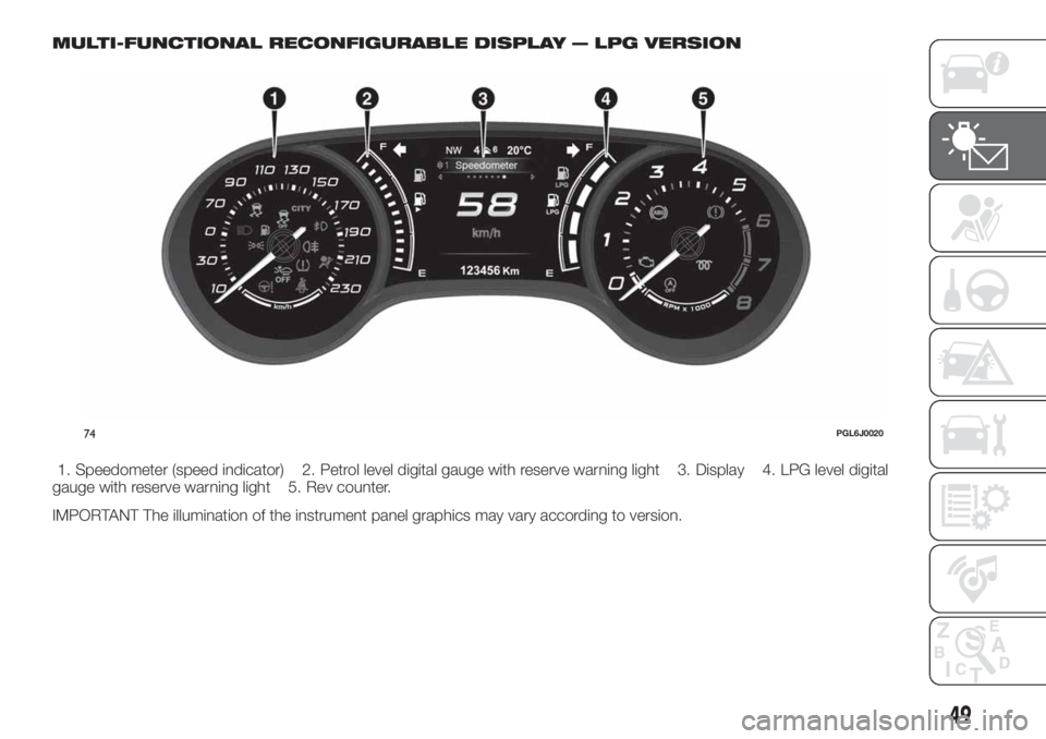 FIAT TIPO 5DOORS STATION WAGON 2019 Owner handbook (in English) MULTI-FUNCTIONAL RECONFIGURABLE DISPLAY — LPG VERSION
1. Speedometer (speed indicator) 2. Petrol level digital gauge with reserve warning light 3. Display 4. LPG level digital
gauge with reserve war FIAT TIPO 5DOORS STATION WAGON 2019 Owner handbook (in English) MULTI-FUNCTIONAL RECONFIGURABLE DISPLAY — LPG VERSION
1. Speedometer (speed indicator) 2. Petrol level digital gauge with reserve warning light 3. Display 4. LPG level digital
gauge with reserve war
