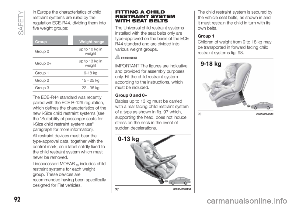 FIAT TIPO 5DOORS STATION WAGON 2019  Owner handbook (in English) In Europe the characteristics of child
restraint systems are ruled by the
regulation ECE-R44, dividing them into
five weight groups:
Group Weight range
Group 0up to 10 kg in
weight
Group 0+up to 13 kg