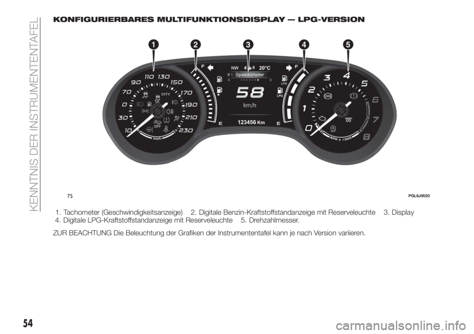 FIAT TIPO 5DOORS STATION WAGON 2018 Betriebsanleitung (in German) KONFIGURIERBARES MULTIFUNKTIONSDISPLAY — LPG-VERSION
1. Tachometer (Geschwindigkeitsanzeige) 2. Digitale Benzin-Kraftstoffstandanzeige mit Reserveleuchte 3. Display
4. Digitale LPG-Kraftstoffstandan FIAT TIPO 5DOORS STATION WAGON 2018 Betriebsanleitung (in German) KONFIGURIERBARES MULTIFUNKTIONSDISPLAY — LPG-VERSION
1. Tachometer (Geschwindigkeitsanzeige) 2. Digitale Benzin-Kraftstoffstandanzeige mit Reserveleuchte 3. Display
4. Digitale LPG-Kraftstoffstandan