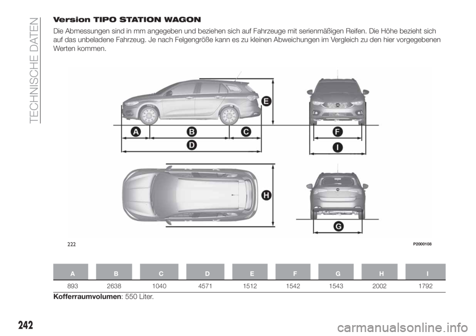FIAT TIPO 5DOORS STATION WAGON 2019 Betriebsanleitung (in German) Version TIPO STATION WAGON
Die Abmessungen sind in mm angegeben und beziehen sich auf Fahrzeuge mit serienmäßigen Reifen. Die Höhe bezieht sich
auf das unbeladene Fahrzeug. Je nach Felgengröße ka FIAT TIPO 5DOORS STATION WAGON 2019 Betriebsanleitung (in German) Version TIPO STATION WAGON
Die Abmessungen sind in mm angegeben und beziehen sich auf Fahrzeuge mit serienmäßigen Reifen. Die Höhe bezieht sich
auf das unbeladene Fahrzeug. Je nach Felgengröße ka