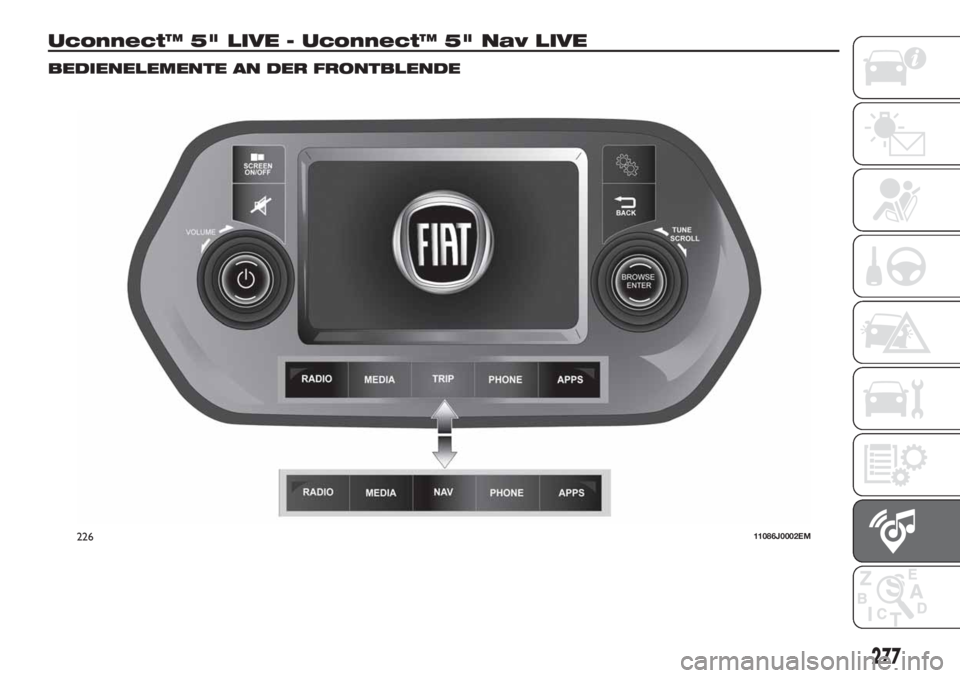 FIAT TIPO 5DOORS STATION WAGON 2019  Betriebsanleitung (in German) Uconnect™ 5" LIVE - Uconnect™ 5" Nav LIVE
BEDIENELEMENTE AN DER FRONTBLENDE
22611086J0002EM
277 