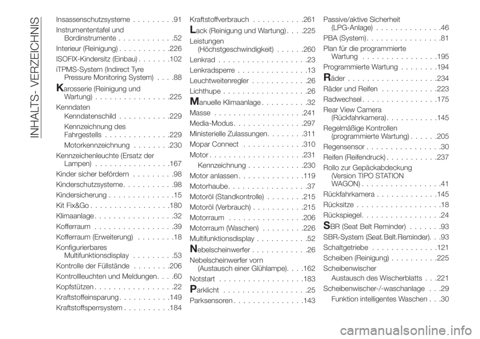 FIAT TIPO 5DOORS STATION WAGON 2020  Betriebsanleitung (in German) Insassenschutzsysteme.........91
Instrumententafel und
Bordinstrumente............52
Interieur (Reinigung)...........226
ISOFIX-Kindersitz (Einbau).......102
iTPMS-System (Indirect Tyre
Pressure Monit