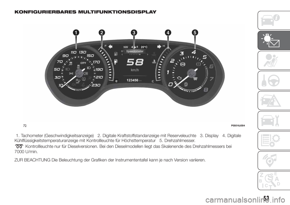 FIAT TIPO 5DOORS STATION WAGON 2020  Betriebsanleitung (in German) KONFIGURIERBARES MULTIFUNKTIONSDISPLAY
1. Tachometer (Geschwindigkeitsanzeige) 2. Digitale Kraftstoffstandanzeige mit Reserveleuchte 3. Display 4. Digitale
Kühlflüssigkeitstemperaturanzeige mit Kont