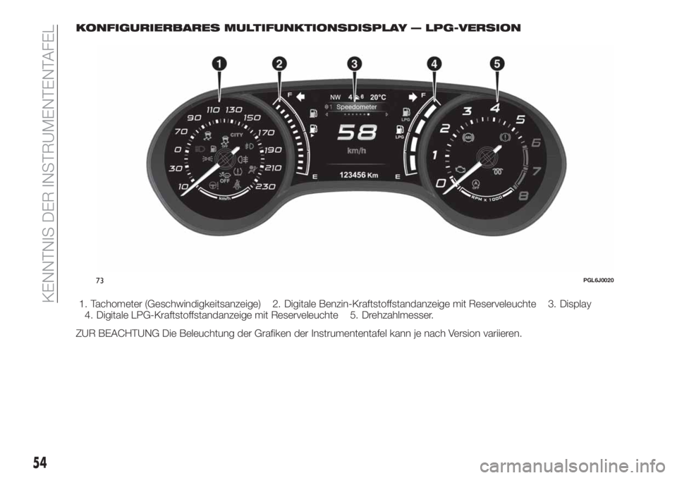 FIAT TIPO 5DOORS STATION WAGON 2020  Betriebsanleitung (in German) KONFIGURIERBARES MULTIFUNKTIONSDISPLAY — LPG-VERSION
1. Tachometer (Geschwindigkeitsanzeige) 2. Digitale Benzin-Kraftstoffstandanzeige mit Reserveleuchte 3. Display
4. Digitale LPG-Kraftstoffstandan