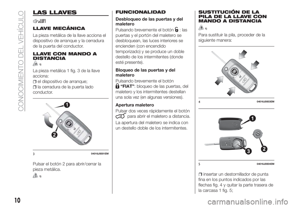 FIAT TIPO 5DOORS STATION WAGON 2018  Manual de Empleo y Cuidado (in Spanish) LAS LLAVES
LLAVE MECÁNICA
La pieza metálica de la llave acciona el
dispositivo de arranque y la cerradura
de la puerta del conductor.
LLAVE CON MANDO A
DISTANCIA
1)
La pieza metálica 1 fig. 3 de la
