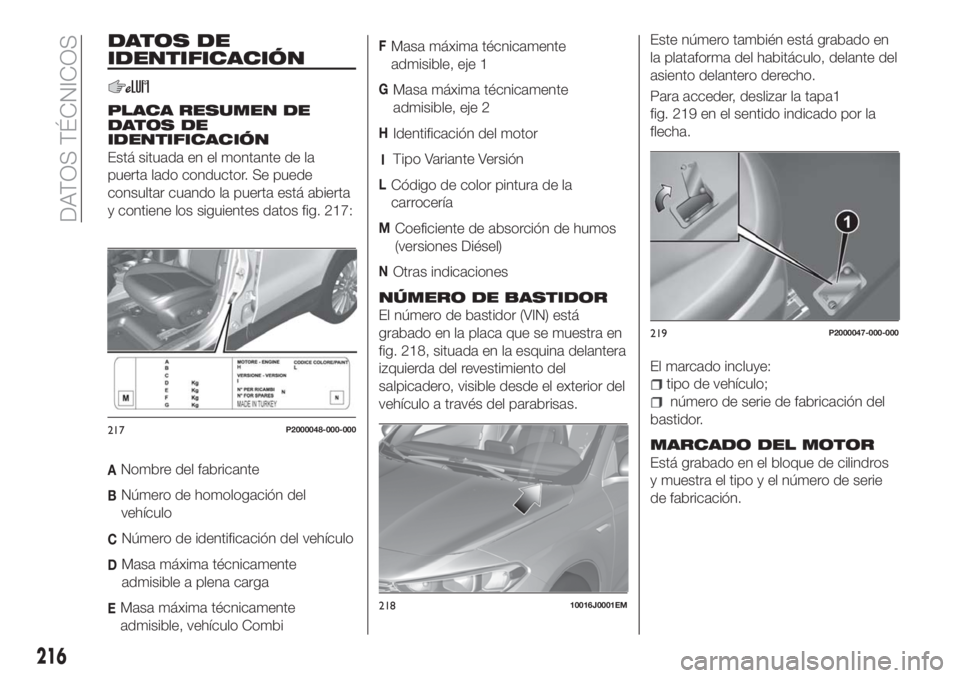 FIAT TIPO 5DOORS STATION WAGON 2018 Manual de Empleo y Cuidado (in Spanish) DATOS DE
IDENTIFICACIÓN
PLACA RESUMEN DE
DATOS DE
IDENTIFICACIÓN
Está situada en el montante de la
puerta lado conductor. Se puede
consultar cuando la puerta está abierta
y contiene los siguientes FIAT TIPO 5DOORS STATION WAGON 2018 Manual de Empleo y Cuidado (in Spanish) DATOS DE
IDENTIFICACIÓN
PLACA RESUMEN DE
DATOS DE
IDENTIFICACIÓN
Está situada en el montante de la
puerta lado conductor. Se puede
consultar cuando la puerta está abierta
y contiene los siguientes