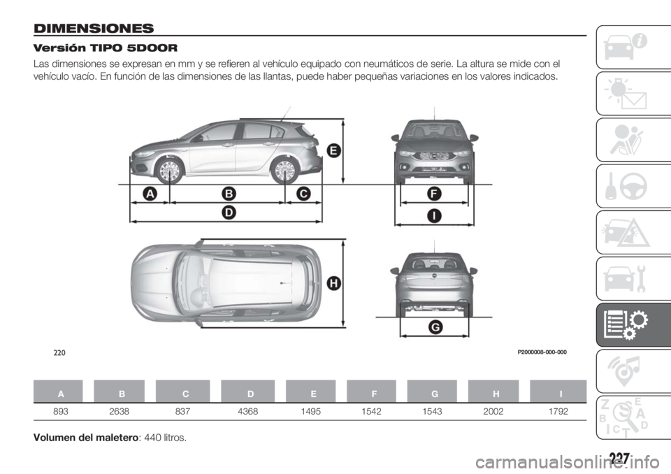 FIAT TIPO 5DOORS STATION WAGON 2018  Manual de Empleo y Cuidado (in Spanish) DIMENSIONES
Versión TIPO 5DOOR
Las dimensiones se expresan en mm y se refieren al vehículo equipado con neumáticos de serie. La altura se mide con el
vehículo vacío. En función de las dimensione