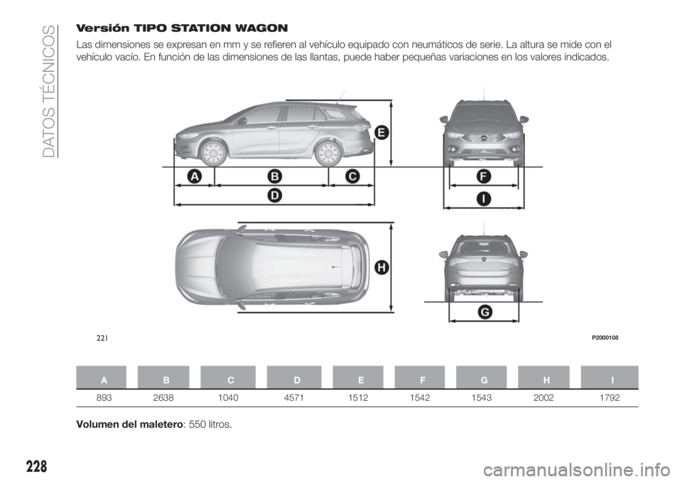FIAT TIPO 5DOORS STATION WAGON 2018  Manual de Empleo y Cuidado (in Spanish) Versión TIPO STATION WAGON
Las dimensiones se expresan en mm y se refieren al vehículo equipado con neumáticos de serie. La altura se mide con el
vehículo vacío. En función de las dimensiones de