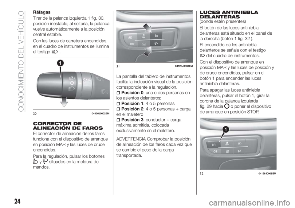 FIAT TIPO 5DOORS STATION WAGON 2018  Manual de Empleo y Cuidado (in Spanish) Ráfagas
Tirar de la palanca izquierda 1 fig. 30,
posición inestable; al soltarla, la palanca
vuelve automáticamente a la posición
central estable.
Con las luces de carretera encendidas,
en el cuad