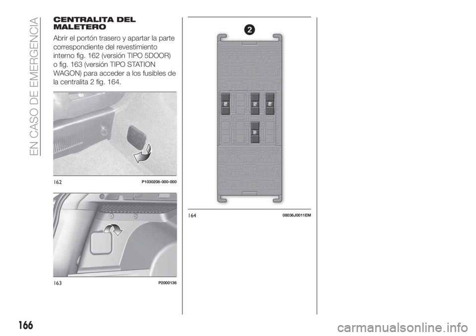 FIAT TIPO 5DOORS STATION WAGON 2019  Manual de Empleo y Cuidado (in Spanish) CENTRALITA DEL
MALETERO
Abrir el portón trasero y apartar la parte
correspondiente del revestimiento
interno fig. 162 (versión TIPO 5DOOR)
o fig. 163 (versión TIPO STATION
WAGON) para acceder a los