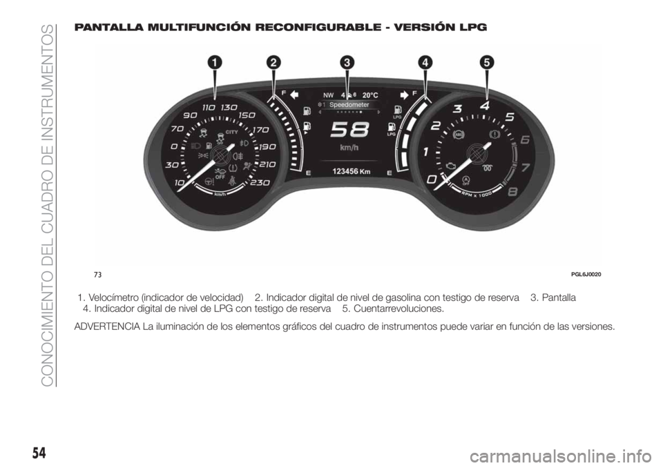 FIAT TIPO 5DOORS STATION WAGON 2020  Manual de Empleo y Cuidado (in Spanish) PANTALLA MULTIFUNCIÓN RECONFIGURABLE - VERSIÓN LPG
1. Velocímetro (indicador de velocidad) 2. Indicador digital de nivel de gasolina con testigo de reserva 3. Pantalla
4. Indicador digital de nivel