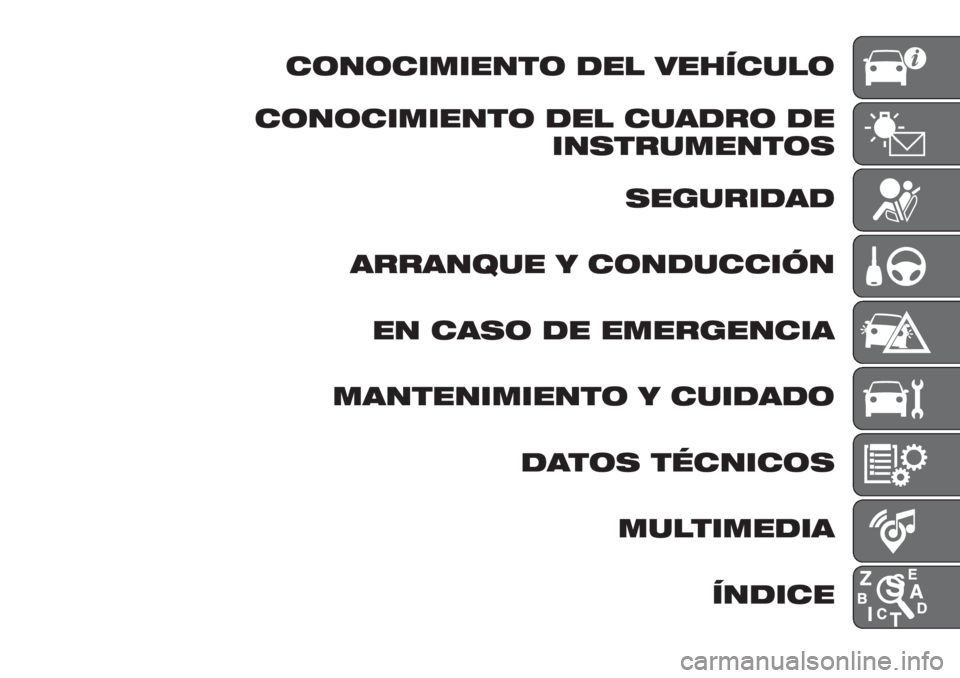 FIAT TIPO 5DOORS STATION WAGON 2019  Manual de Empleo y Cuidado (in Spanish) CONOCIMIENTO DEL VEHÍCULO
CONOCIMIENTO DEL CUADRO DE
INSTRUMENTOS
SEGURIDAD
ARRANQUE Y CONDUCCIÓN
EN CASO DE EMERGENCIA
MANTENIMIENTO Y CUIDADO
DATOS TÉCNICOS
MULTIMEDIA
ÍNDICE 