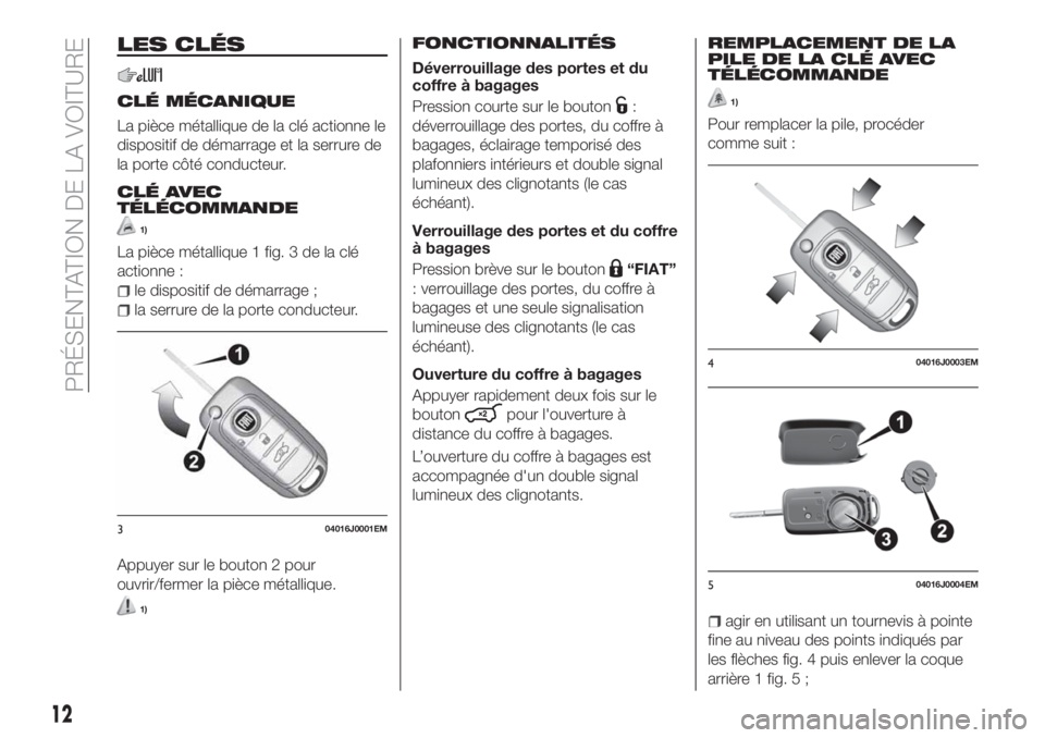 FIAT TIPO 5DOORS STATION WAGON 2018  Notice dentretien (in French) LES CLÉS
CLÉ MÉCANIQUE
La pièce métallique de la clé actionne le
dispositif de démarrage et la serrure de
la porte côté conducteur.
CLÉ AVEC
TÉLÉCOMMANDE
1)
La pièce métallique 1 fig. 3 