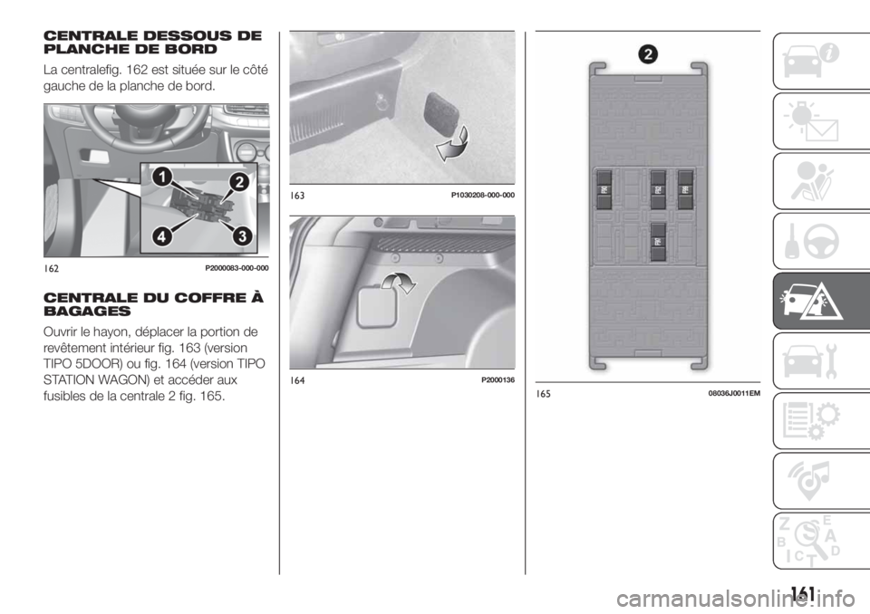 FIAT TIPO 5DOORS STATION WAGON 2018 Notice dentretien (in French) CENTRALE DESSOUS DE
PLANCHE DE BORD
La centralefig. 162 est située sur le côté
gauche de la planche de bord.
CENTRALE DU COFFRE À
BAGAGES
Ouvrir le hayon, déplacer la portion de
revêtement inté FIAT TIPO 5DOORS STATION WAGON 2018 Notice dentretien (in French) CENTRALE DESSOUS DE
PLANCHE DE BORD
La centralefig. 162 est située sur le côté
gauche de la planche de bord.
CENTRALE DU COFFRE À
BAGAGES
Ouvrir le hayon, déplacer la portion de
revêtement inté