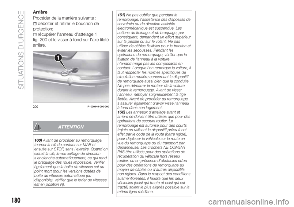 FIAT TIPO 5DOORS STATION WAGON 2018 Notice dentretien (in French) Arrière
Procéder de la manière suivante :
déboîter et retirer le bouchon de
protection;
récupérer l'anneau d'attelage 1
fig. 200 et le visser à fond sur l'axe fileté
arrière.
ATT FIAT TIPO 5DOORS STATION WAGON 2018 Notice dentretien (in French) Arrière
Procéder de la manière suivante :
déboîter et retirer le bouchon de
protection;
récupérer l'anneau d'attelage 1
fig. 200 et le visser à fond sur l'axe fileté
arrière.
ATT
