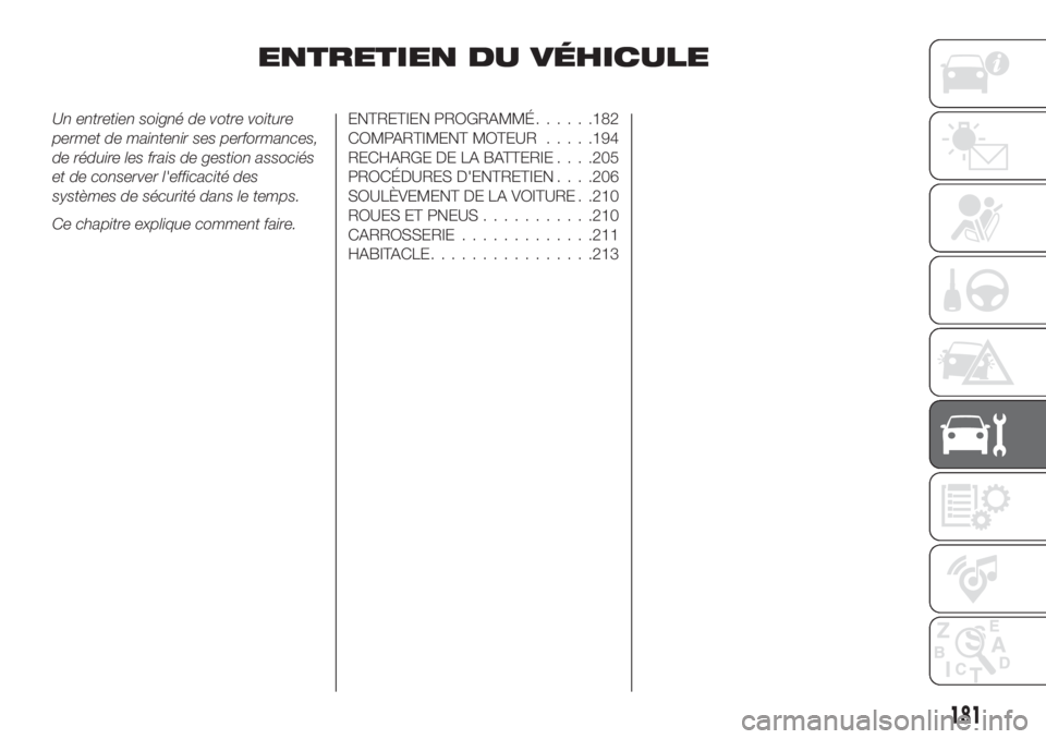 FIAT TIPO 5DOORS STATION WAGON 2018 Notice dentretien (in French) ENTRETIEN DU VÉHICULE
Un entretien soigné de votre voiture
permet de maintenir ses performances,
de réduire les frais de gestion associés
et de conserver l'efficacité des
systèmes de sécuri FIAT TIPO 5DOORS STATION WAGON 2018 Notice dentretien (in French) ENTRETIEN DU VÉHICULE
Un entretien soigné de votre voiture
permet de maintenir ses performances,
de réduire les frais de gestion associés
et de conserver l'efficacité des
systèmes de sécuri