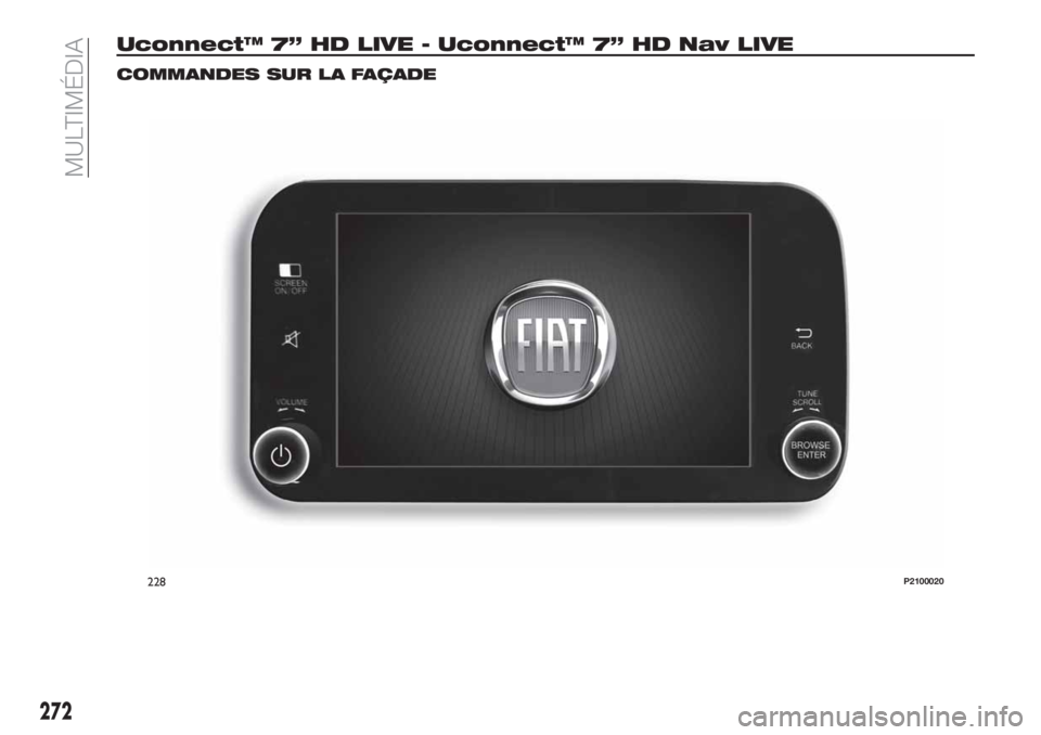 FIAT TIPO 5DOORS STATION WAGON 2018  Notice dentretien (in French) Uconnect™ 7” HD LIVE - Uconnect™ 7” HD Nav LIVE
COMMANDES SUR LA FAÇADE
228P2100020
272
MULTIMÉDIA 