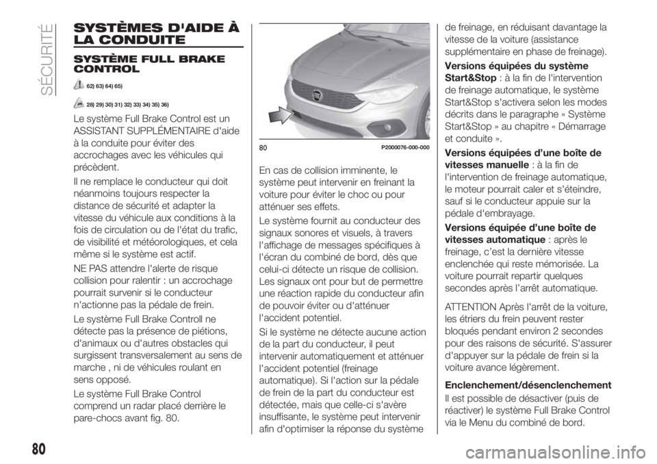 FIAT TIPO 5DOORS STATION WAGON 2018 Notice dentretien (in French) SYSTÈMES D'AIDE À
LA CONDUITE
SYSTÈME FULL BRAKE
CONTROL
62) 63) 64) 65)
28) 29) 30) 31) 32) 33) 34) 35) 36)
Le système Full Brake Control est un
ASSISTANT SUPPLÉMENTAIRE d'aide
à la con FIAT TIPO 5DOORS STATION WAGON 2018 Notice dentretien (in French) SYSTÈMES D'AIDE À
LA CONDUITE
SYSTÈME FULL BRAKE
CONTROL
62) 63) 64) 65)
28) 29) 30) 31) 32) 33) 34) 35) 36)
Le système Full Brake Control est un
ASSISTANT SUPPLÉMENTAIRE d'aide
à la con
