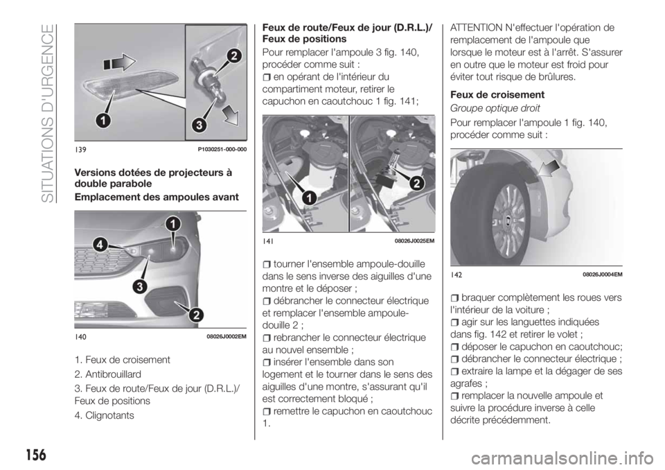 FIAT TIPO 5DOORS STATION WAGON 2020  Notice dentretien (in French) Versions dotées de projecteurs à
double parabole
Emplacement des ampoules avant
1. Feux de croisement
2. Antibrouillard
3. Feux de route/Feux de jour (D.R.L.)/
Feux de positions
4. ClignotantsFeux d
