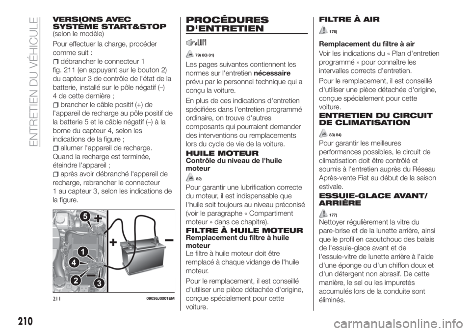 FIAT TIPO 5DOORS STATION WAGON 2020 Notice dentretien (in French) VERSIONS AVEC
SYSTÈME START&STOP
(selon le modèle)
Pour effectuer la charge, procéder
comme suit :
débrancher le connecteur 1
fig. 211 (en appuyant sur le bouton 2)
du capteur 3 de contrôle de l& FIAT TIPO 5DOORS STATION WAGON 2020 Notice dentretien (in French) VERSIONS AVEC
SYSTÈME START&STOP
(selon le modèle)
Pour effectuer la charge, procéder
comme suit :
débrancher le connecteur 1
fig. 211 (en appuyant sur le bouton 2)
du capteur 3 de contrôle de l&