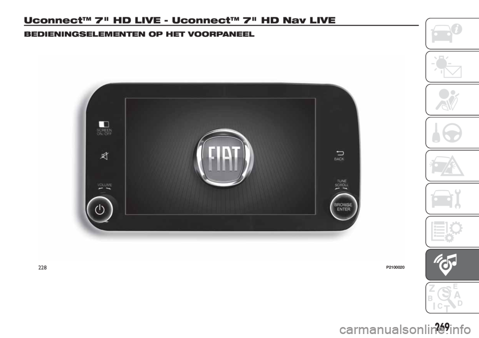 FIAT TIPO 5DOORS STATION WAGON 2018 Instructieboek (in Dutch) Uconnect™ 7" HD LIVE - Uconnect™ 7" HD Nav LIVE
BEDIENINGSELEMENTEN OP HET VOORPANEEL
228P2100020
269 FIAT TIPO 5DOORS STATION WAGON 2018 Instructieboek (in Dutch) Uconnect™ 7" HD LIVE - Uconnect™ 7" HD Nav LIVE
BEDIENINGSELEMENTEN OP HET VOORPANEEL
228P2100020
269