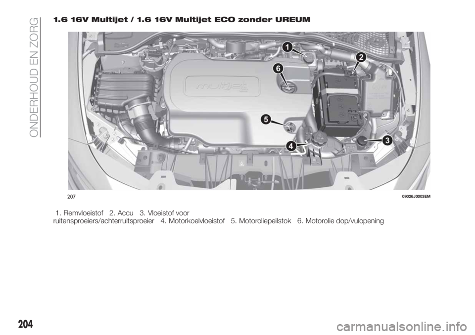 FIAT TIPO 5DOORS STATION WAGON 2019  Instructieboek (in Dutch) 1.6 16V Multijet / 1.6 16V Multijet ECO zonder UREUM
1. Remvloeistof 2. Accu 3. Vloeistof voor
ruitensproeiers/achterruitsproeier 4. Motorkoelvloeistof 5. Motoroliepeilstok 6. Motorolie dop/vulopening