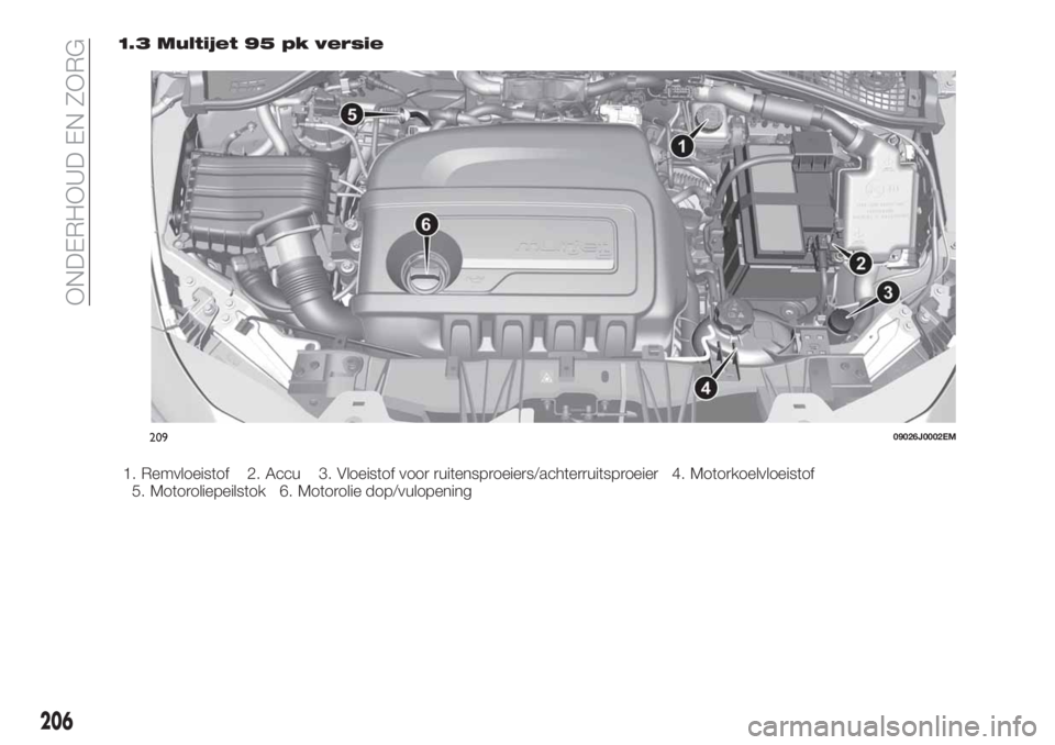 FIAT TIPO 5DOORS STATION WAGON 2019  Instructieboek (in Dutch) 1.3 Multijet 95 pk versie
1. Remvloeistof 2. Accu 3. Vloeistof voor ruitensproeiers/achterruitsproeier 4. Motorkoelvloeistof
5. Motoroliepeilstok 6. Motorolie dop/vulopening
20909026J0002EM
206
ONDERH