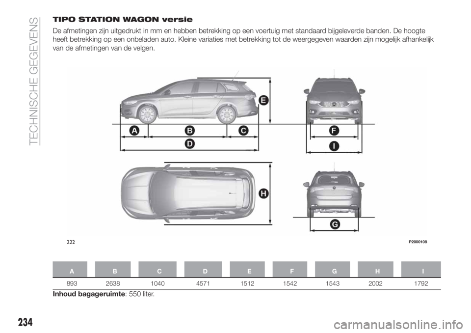 FIAT TIPO 5DOORS STATION WAGON 2019 Instructieboek (in Dutch) TIPO STATION WAGON versie
De afmetingen zijn uitgedrukt in mm en hebben betrekking op een voertuig met standaard bijgeleverde banden. De hoogte
heeft betrekking op een onbeladen auto. Kleine variaties FIAT TIPO 5DOORS STATION WAGON 2019 Instructieboek (in Dutch) TIPO STATION WAGON versie
De afmetingen zijn uitgedrukt in mm en hebben betrekking op een voertuig met standaard bijgeleverde banden. De hoogte
heeft betrekking op een onbeladen auto. Kleine variaties